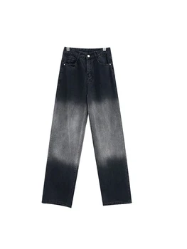 Черные градиентные джинсы, женские осенне-зимние новинки, большие размеры, высокая талия, тонкие прямые широкие длинные брюки