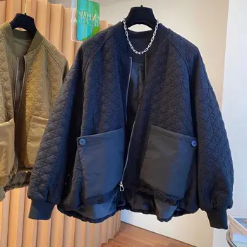 Черный Корейский дизайн карманов, свободная и повседневная клетчатая куртка для женщин 2023, осень / зима, новая бейсбольная куртка со стоячим воротником