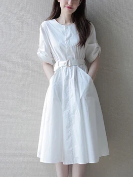 Шикарное Свободное элегантное платье в корейском стиле, женские платья Миди с круглым вырезом и коротким рукавом, тонкие платья с высокой талией, весенне-летнее белое платье 2023 г.