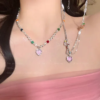 Элегантное ожерелье с подвесками из разноцветных бусин для женщин, подвеска в виде сердца любви из розового циркона, свадебная вечеринка, ювелирный подарок Y2K e115