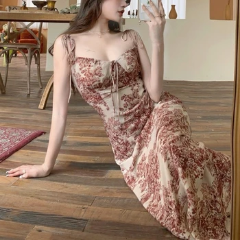 Элегантное платье с ремешком во французском ретро стиле, женское винтажное милое темпераментное сексуальное вечернее платье миди, бандажное повседневное Длинное летнее платье 2021, Новинка