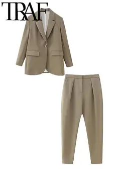 Элегантный офисный пиджак TRAF, женские брюки по щиколотку, блейзер с длинными рукавами на одной пуговице, Женские костюмы, осенние комплекты из 2 предметов 2023 года